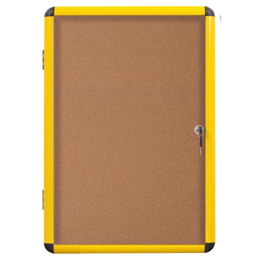 Industrial Enclosed Cork Board, Single Door, Yellow Aluminum Frame, 47" x 38"