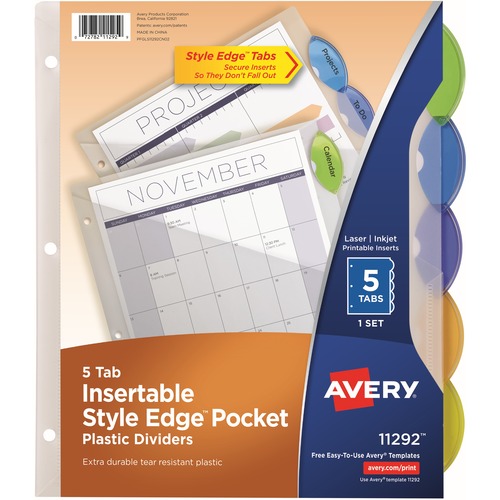 5-Tab Insertable Style Edge Pocket, Plastic Div, 1 ST, Multi