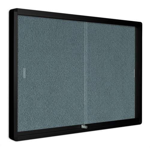 Grey Fabric Bulletin Board Cabinet, 36 x 48 Inches, Glass Sliding Doors, Graphite Aluminum Frame