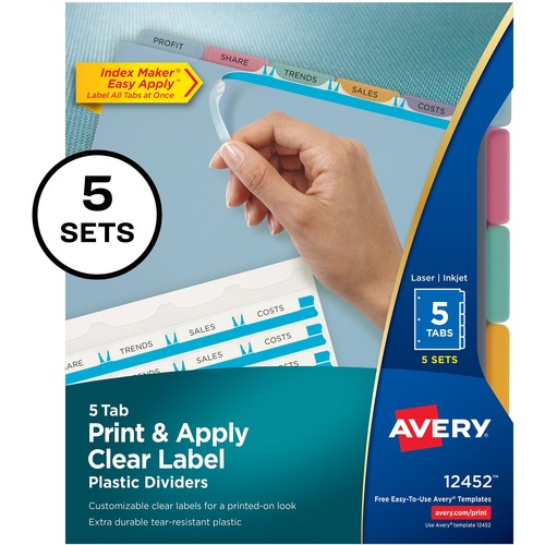 Index Label Dividers, Plastic, 5-Tab, 3HP Punched, Multi