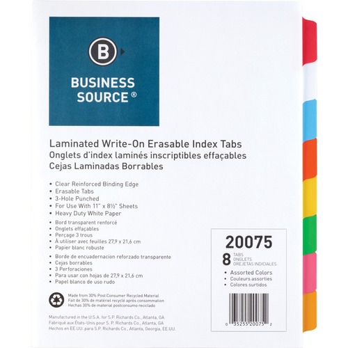 Business Source  Write-on Tab Indexes, 8-Tab, 11"x8-1/2", 8 Tabs/ST, Multi