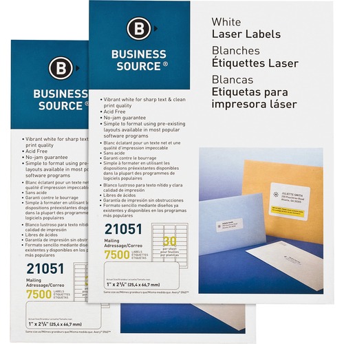 Business Source  Mailing Labels, Laser/Inkjet, 1"x2-5/8", 15000/CT, White