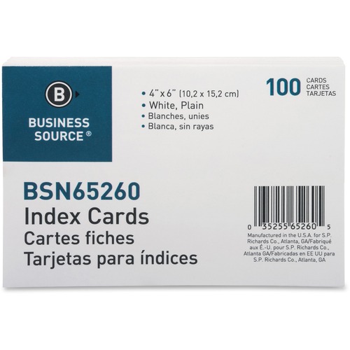 Business Source  Index Cards, Plain, 90lb., 4"x6", 100/PK, White