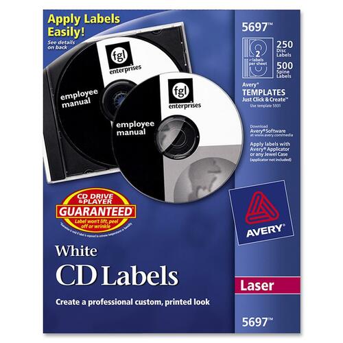 CD/DVD Labels, Laser, 250/PK, White