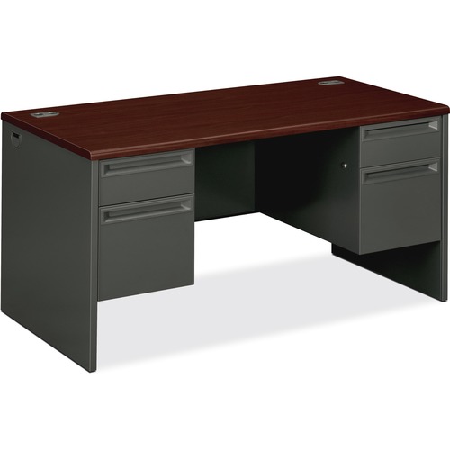 Double Pedestal Desk, 60"x30"x29-1/2", Mahogany/Charcoal