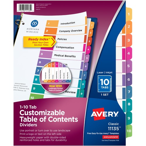 Ready Index Dividers,TOC,1-10 Tab,3HP,8-1/2"x11",1/ST,Multi