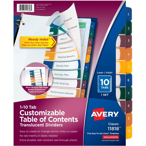 Table of Contents Dividers, 10-Tab, 1-10, Tran/Multi