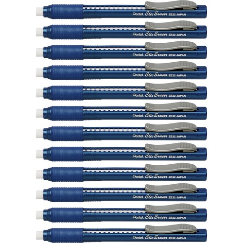 Pentel  Clic Erasers, Retractable,Pocket Clip, 12/BX, Blue Barrel