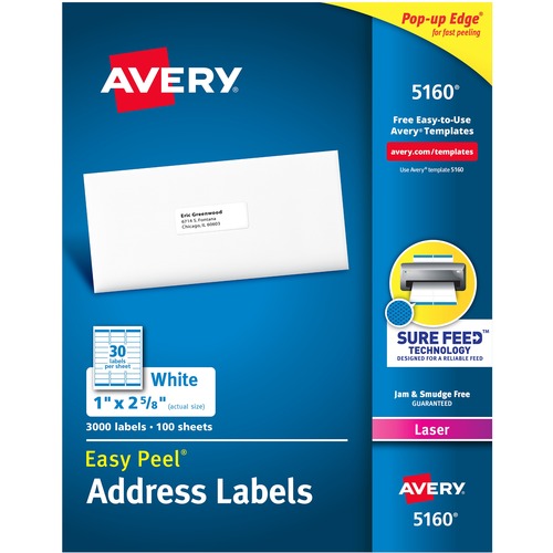 Laser Labels, Mailing, 1"x2-5/8", 3000/BX, White