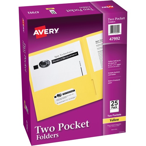Two Pocket folder, 8-1/2"x11",20 Sht Cap., 25/BX, Yellow