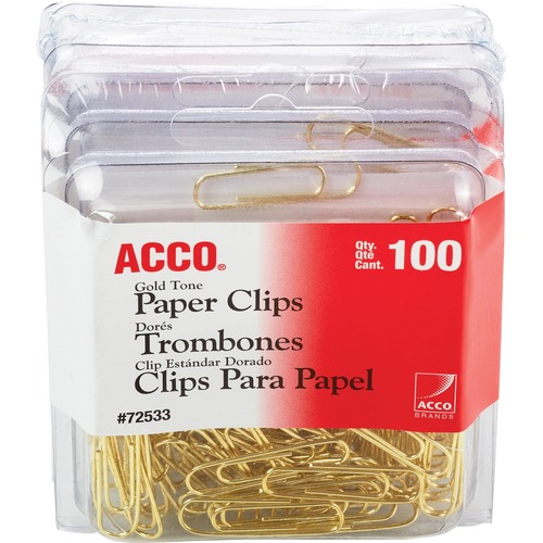 ACCO  Regular Paper Clips, No. 2, 100 Clips/BX, 4BX/PK, Gold