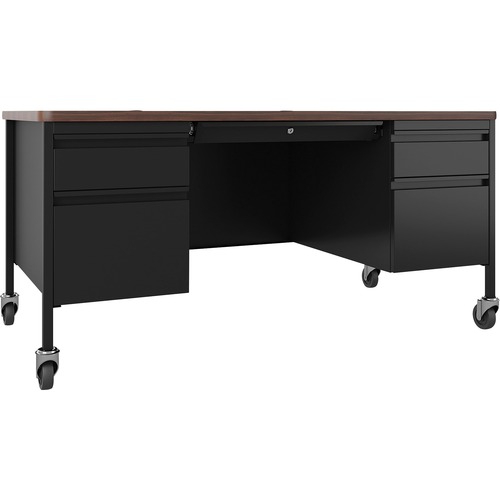 Lorell  Desk, Double-Pedestal, Mobile, 60"x30"x29-1/2", Walnut/BK