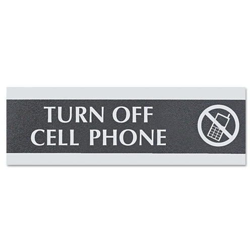 Turn Off Cell Phone Sign, w/Easel, 3"x9", Silver on Black