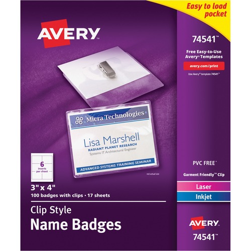 Name Badges,w/ Clip,Top Load,3"x4",100/BX,White