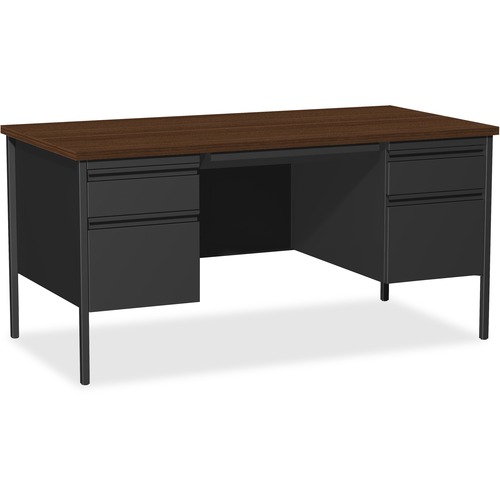 Lorell  Double Pedestal Desk, Steel, 60"x30"x29-1/2",Walnut/Black