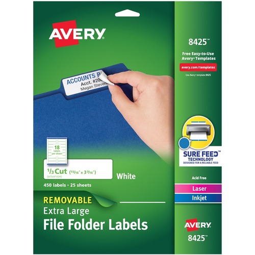 File Folder Labels, X-Large, 1/3 Cut, 450/PK, White