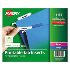 Avery  Laser/Inkjet Inserts For Hanging Folders, 1/5 Tab Cut, White