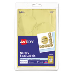 Avery  Notarial/Certificate Seals, 2" D, 4"x6" Sht, 44/PK, Gold