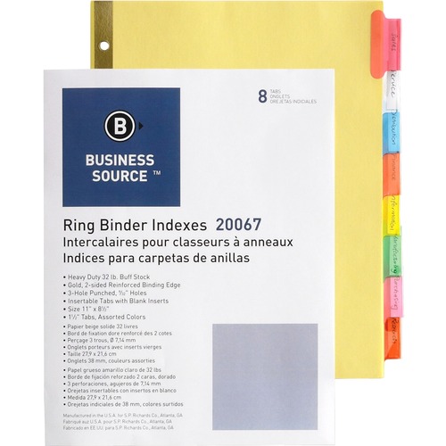 Business Source  Insertable Tab Indexes,8 Tab,11"x8-1/2",Buff Paper/Multi
