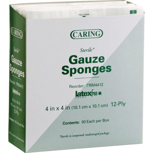Gauze Sponges, Sterile, 4"x4", 12 Ply, 50/PK, White